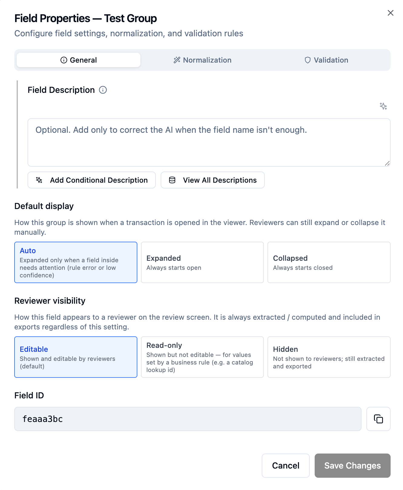 The Field Properties dialog showing the default display and reviewer visibility options.